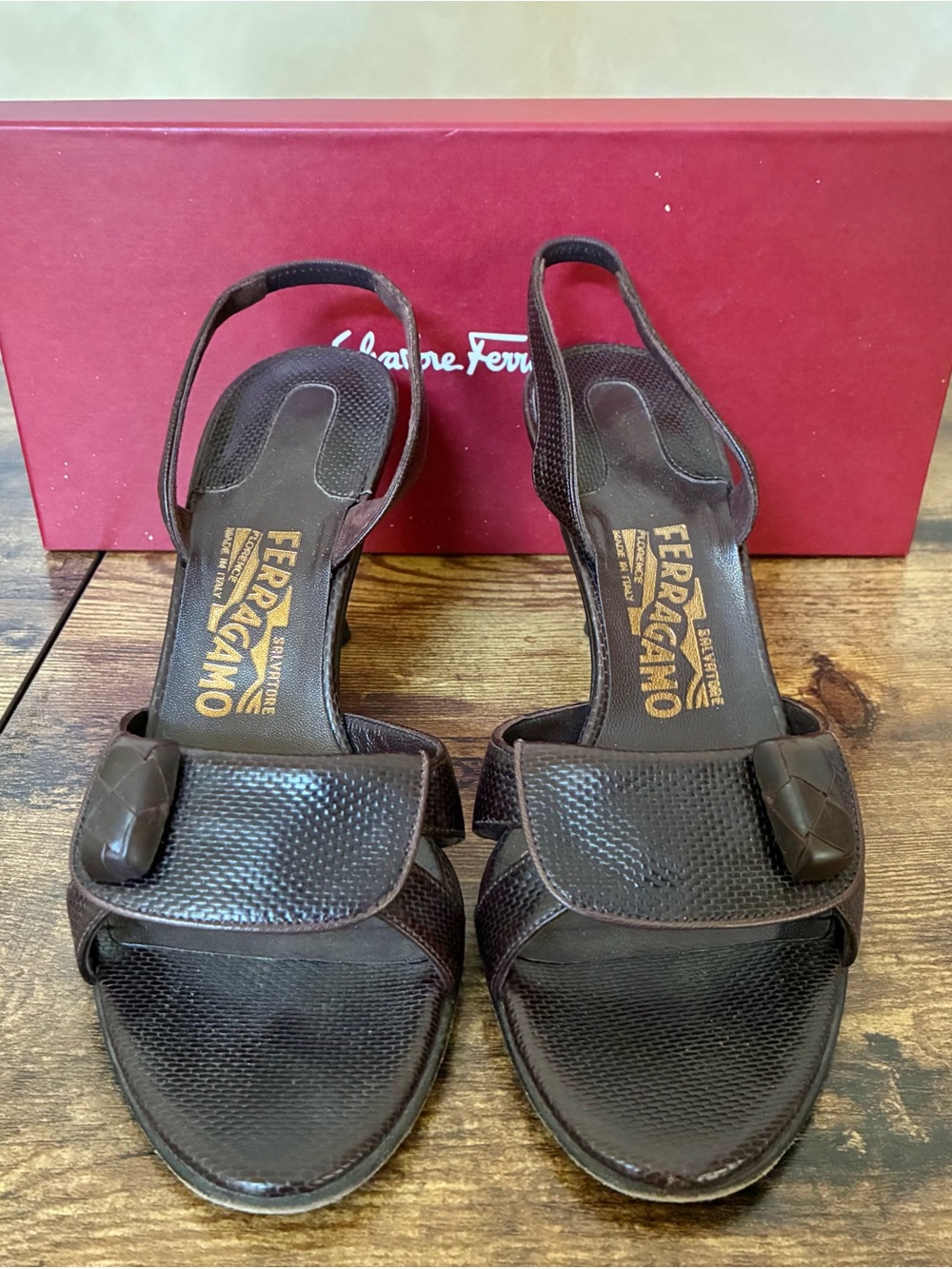 Salvatore Ferragamo Brown Textured Slingback Heels – Made in Italy